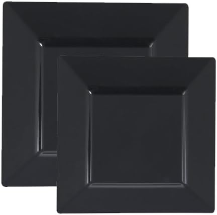 Posh Party Supplies | Fancy Square Black Plastic Plate Combo for 20 Settings | 20 9.5" Dinner Plates | 20 6.5" Salad Plates | 40 Piece Set