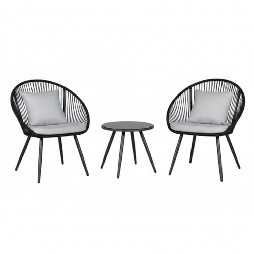 Image of LOCCUS 3-Piece Outdoor Patio Bistro Set - All-Weather Wicker Rattan Chairs with Cushions & Glass Side Table for Backyard, Balcony & Deck (Black & White)