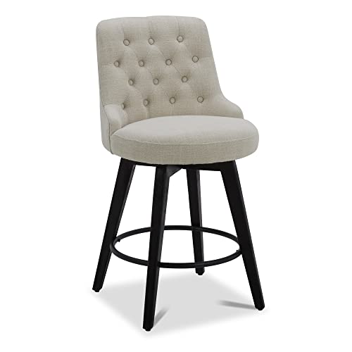 Image of Watson & Whitely Counter Height Bar Stools Swivel Barstools, Fabric Linen | Upholstered Modern Barstool with Back, Solid Wood Legs, 26 inch H Seat
