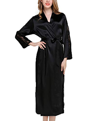YINSY Frauen-Elegante Roben Satin-Spitze-Ordnungs-Reizvolle Kimono Roben Langarm Nachtwäsche,Schwarz,XL Cover