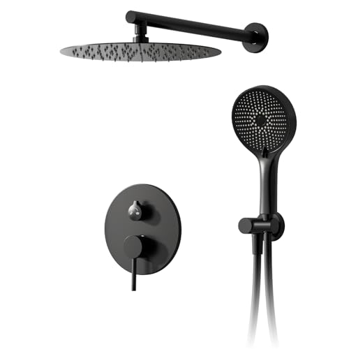 Columna ducha,Sistema de ducha empotrado con rociador de lluvia de 40x40 cm,Cabezal de ducha de lluvia oculto en negro,Cabezal de ducha de alta presión redondo autolimpiable,Con ducha de mano