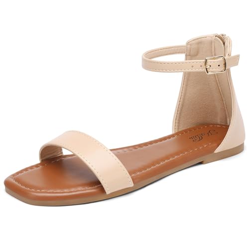 Image of katliu Women's Ankle Strap Flat Sandals One Band Dressy Sandals Square Open Toe Sandals for Summer with Back Zipper