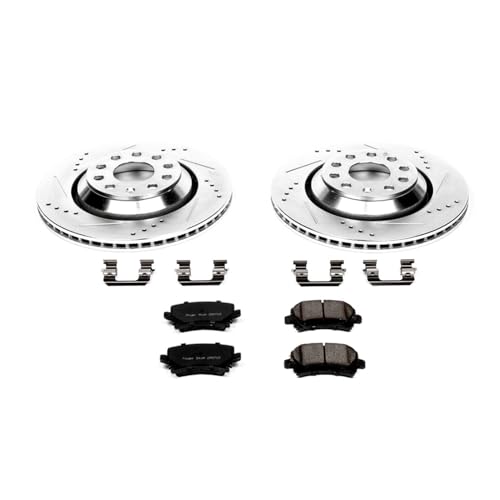 Image of PowerStop Rear Brake Kit for Volkswagen CC 2009-16 |Golf R 2012-13 |GTI 2015-21 |Passat 2006-09 |R32 2008 - Drilled and Slotted Disc Rotors with Carbon-Fiber Ceramic Brake Pads Replacement, K4628