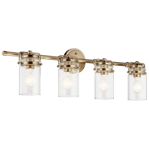 Image of Kichler Brinley 4-Light Bathroom Vanity Light Fixture with Clear Glass in Champagne Bronze, Industrial Farmhouse Style for Mirror Lighting (32.5 inch x 10.25 inch x 6.75 inch), 45690CPZ