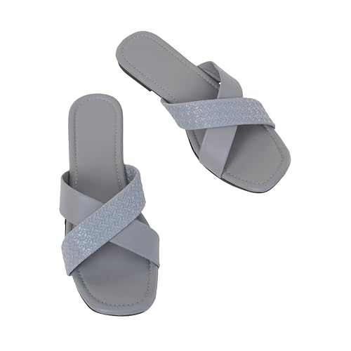 Image of Women's Cross Strap Textured Flat Sandals - Stylish and Comfortable Slip-On Flats