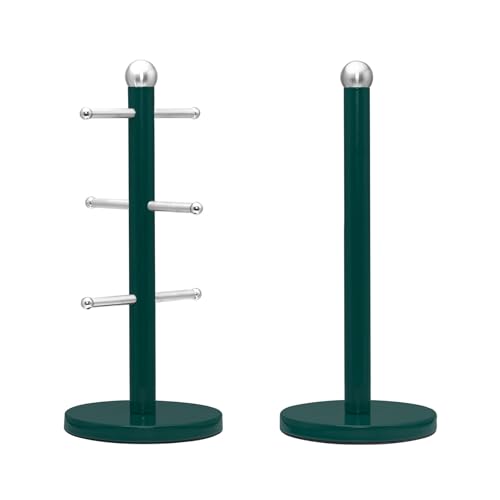 Innoteck Essentials Mug Tree and Paper Towel with Six Hooks and Weighted Anti-Slip Base & Matching Towel Holder for Countertop Organisation, Stainless Steel, Green Colour Coated