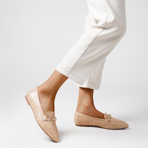 Image of Tilocow Metal Chain Loafers for Women Pointed Toe Slip on Flats Comfortable Fashion Work Shoes
