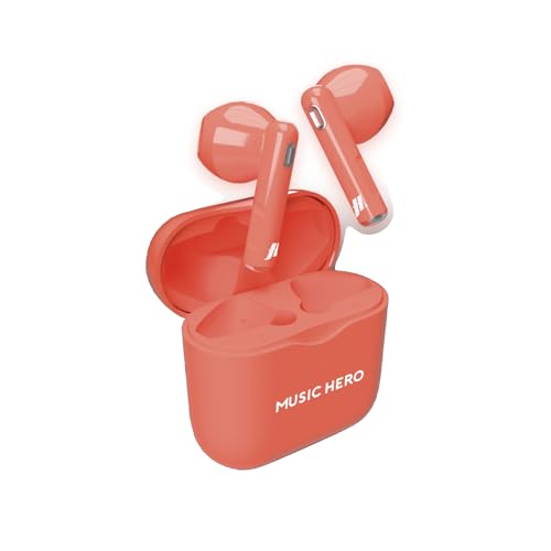 Music Hero Cuffiette Auricolari Wireless, Colorazione Fluo, Tecnologia True Wireless Stereo (Tws), Custodia Di Ricarica Da 180 Mah, Controlli Touch, Microfono Integrato, Semi In-Ear, Rosso