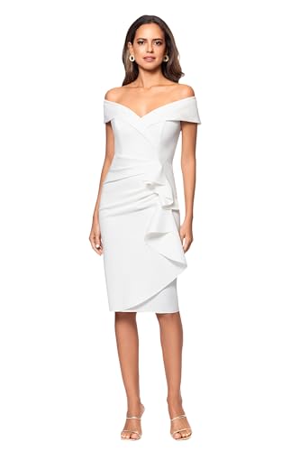 Image of Xscape Women's Bodycon Midi Off-The-Shoulder Ruffle Dress with Center Back Zipper, Petite & Plus Size
