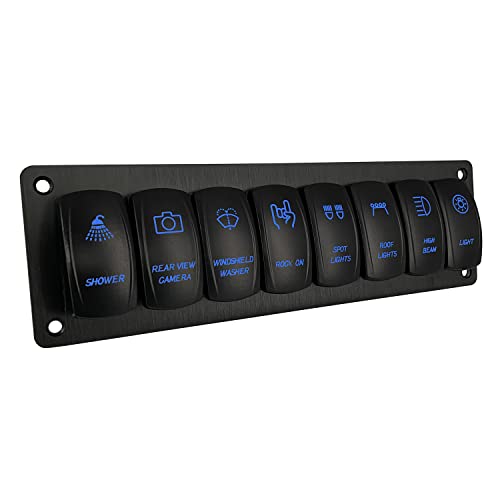 Image of 8 Gang Customizable Rocker Switch Panel Blue Led Pre-Wired Aluminum Toggle Switch Panel with Holder Housing Bracket for Car Boat RV Trailer UTV Van Motorcycle Dash 12V 24V IP66 Waterproof