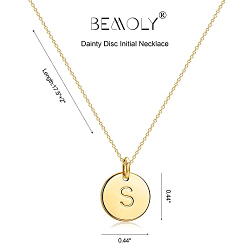 Bemoly Initial Necklace For Women Round 11Mm Coin Disc Double Side Engraved Letter S Hammered Pendant 14K Gold Plated Personalized Alphabet Birthday Jewelry 17.5" #TOP5