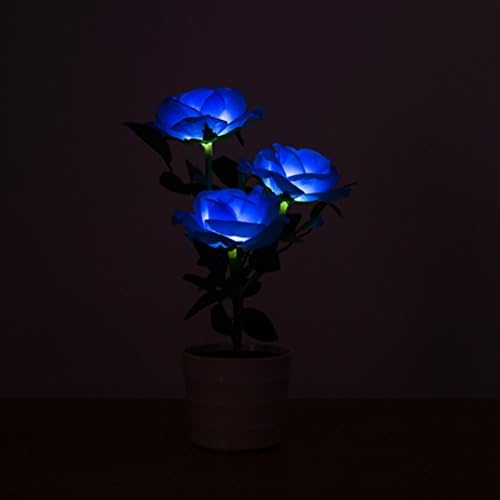 LEDMOMO Solar Flower Pot LED Light Rose Flower Table Lamp 3 Lights Flower LED Flexible Flower Desk Lamp for Home Garden Room Decoration (Blue)