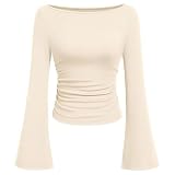 Maglietta a maniche lunghe da donna con maniche a tromba svasate, top attillato con ampia scollatura a U, elegante maglietta basic per l'uso quotidiano, Stil_v05 Bianco, M
