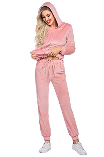 Hotouch Women's Hoodie Tracksuits Velvet Sport Set Warm Up Suits And Pants Pink S #TOP2