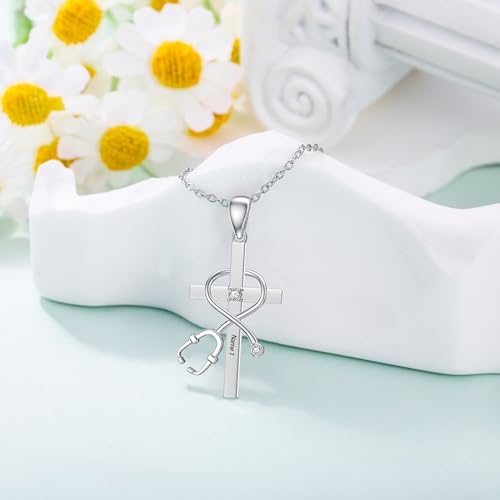 Diamond Nurse Stethoscope Cross Pendant Necklace 925 Sterling Silver Medical Assistant Jewelry Gift for Women Registered Nurse Doctor Medicine Necklace Medical Student Graduation Birthday Jewelry Gift Nurse Week Jewelry Gifts3