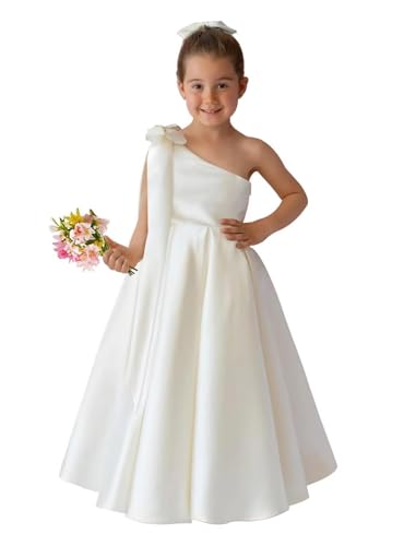 MCieloLuna Princess Flower Girl Dress Glossy Satin First Communion Dresses One Shoulder Kids Formal Party Ball Gown