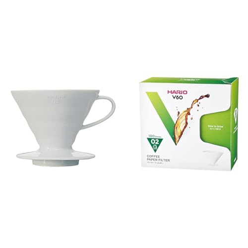 Hario V60 Ceramic Coffee Dripper Pour Over Cone Coffee Maker Size 02, White & V60 Paper Coffee Filters Single Use Pour Over Cone Filters Size 02 White, Boxed, 100 count