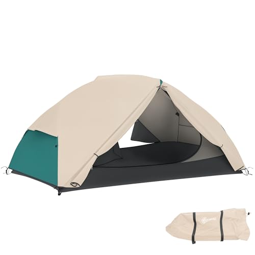 Outsunny Tenda da Campeggio 2 Posti con 2 Vestiboli, Tenda a Cupola Impermeabile con 2 Porte, 2 Finestre a Rete, Tasche Interne e Borsa di Trasporto per Trekking, 280x225x110 cm, Beige