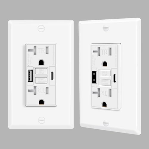 20A GFCI Outlet with USB Ports(Type A & C, 4.8A/24W Total Output), GFI Electrical Outlet with 2 USB Charging Ports- Self-Test Tamper-Resistant with LED Indicator, ETL Listed, White, 2 Pack