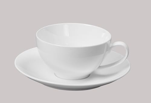 HomeVss, Bone China Coupe Shape, Elegance White Royal Cappuccino Cup 13oz & Saucer Set, Case of 6 Sets