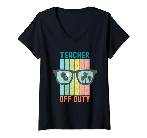 Teacher Off Duty Gafas de sol Palmeras Retro Vintage Divertido Camiseta Cuello V