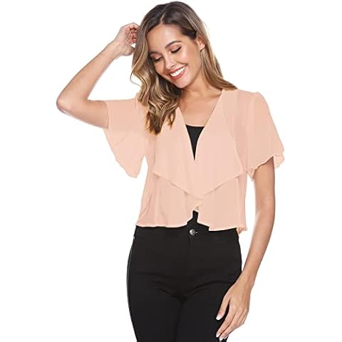 Gyabnw Ladies Bolero Shrug Chiffon Cardigan Lace Bolero Top Women Open Front Cropped Cardigan Cover up for Dress Lace Shrug Summer,Apricot,S Cover