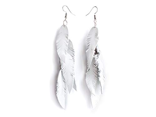 White Long Suede Leather Feather Earrings for Women, Lightweight wedding Jewelry, Long Layered Dangle Earrings with Chain, Handmade Bridesmaid Gift for Her