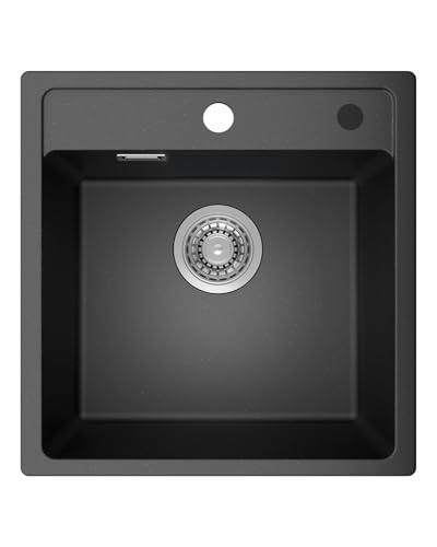 ANYCEE Lavandino Cucina Nero 45x46 cm, Lavello Cucina 1 Vasca in Granito, Lavello Nero con 80% Sabbia Quarzo per Mobile da 45cm, Vasca Singola con Sifone e Scarico