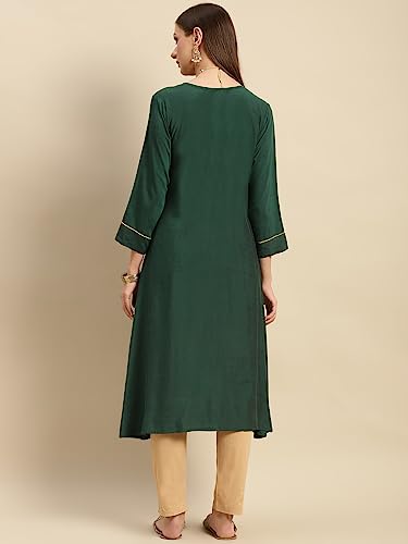 Image of rangita Green Viscose Blend Calf Length Embroidered Flared Kurti for Women | Kurta for Women