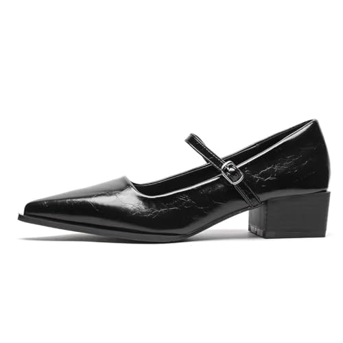 JOEupin Women's Low Chunky Heel Dress Mary Jane Shoes Pointed Toe Ankle Strap Block Heel Formal Pumps
