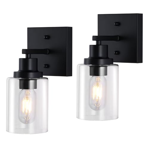 Modern Vanity Light Fixtures, Wall Sconces for Bathroom Set of 2 Farmhouse Wall Lights with Clear Glass Shade Matte Black Wall Mount Lighting Lanterns for Mirror Bedroom Living Room Kitchen Hallway
