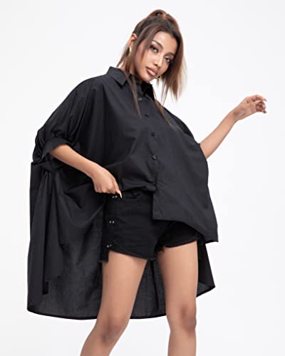 Women's Short Sleeve Solid Button Down High Low Blouse
