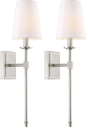 Image of Kira Home Torche 20 inch Mid Century Modern Wall Sconce with Tapered White Linen Shade, Silver Candle Wall Light with Elongated Tail, Brushed Nickel Finish (Pack of 2)