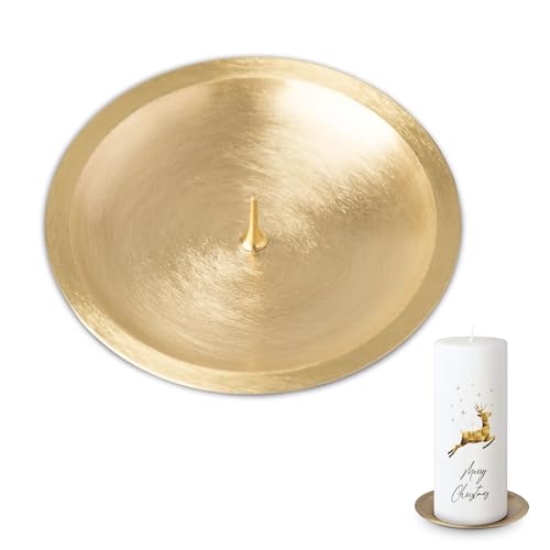 MOMENTU Kerzenteller rund mit Dorn Messing gebürstet Ø 8 cm [Gold Handarbeit] Kerzenständer Kerzenuntersetzer Kerzenschale Stumpenkerzen Tauf- Kommunion- und Konfirmationskerze