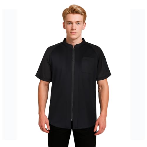 TopTie Short Sleeve Chef Coat Jacket Black Breathable Zipper Chef Uniform with Knit Mesh