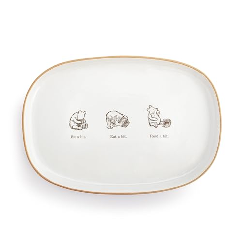 Image of DEMDACO Pooh Classic Yellow Bear Everyday Collection Sit A Bit Classic White Oval 15.5 x 11 Stoneware Serving Tray Platter