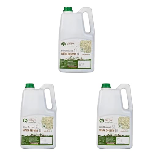 Image of S Siddhagiri's SATVYK THE HEALTH re STORE Wood Pressed White Sesame Oil (5Ltr Can)| | Unrefined Til ka Tel | Wooden Ghani Gingelly Oil | Pure & Natural Sesame Oil for Cooking (Pack of 3)