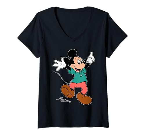 Femme Disney Mickey Mouse Retro Character Hop Pose Trip Matching T-Shirt avec Col en V