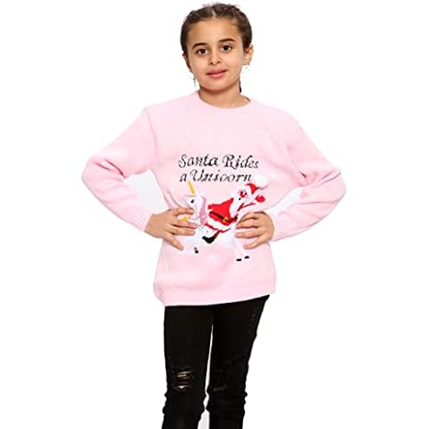 Fashion Forever Girls Jumper Kids Long Sleeve Xmas Unicorn Santa Christmas Sweater Top Age 5-13 Years (Pink Unicorn, 5-6 Years) Cover