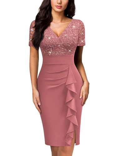 Image of Miusol Women's V Neck Sequin Lace Ruffle Cocktail Party Dress | Deep v-neck, glitter sequin Lace, ruffle design, bodycon dress for cocktail, wedding, evening and semi-formal event