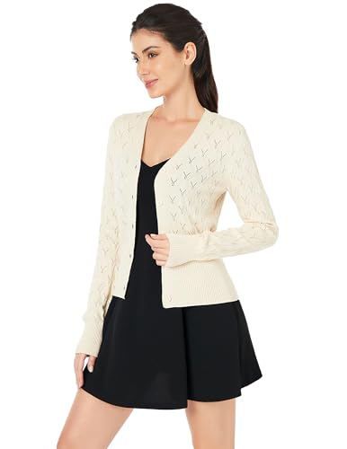 Image of AmelieBoutik Women Lightweight Button Down Long Sleeve Casual V Neck Soft Crochet Knit Fall Cardigan Sweater Tops