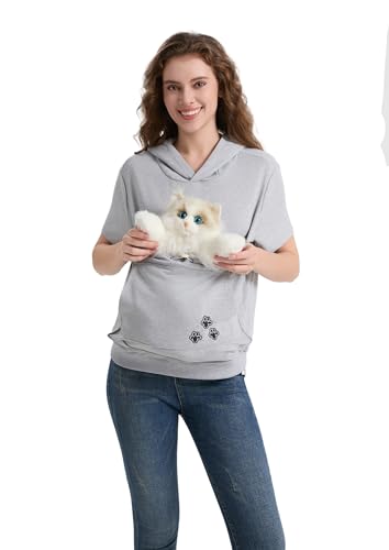 Pet Pouch Shirt Short Sleeve Kitten Puppy Holder Thin Hoodies Small Animal Carrier Sweatshirt for Women Light Grey