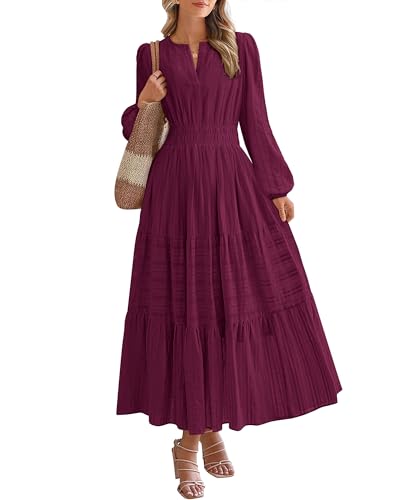 BTFBM Fall Dresses for Women 2025 Casual Long Sleeve V Neck Elastic Waist Lightweight Maxi Wedding Guest Dress Pockets