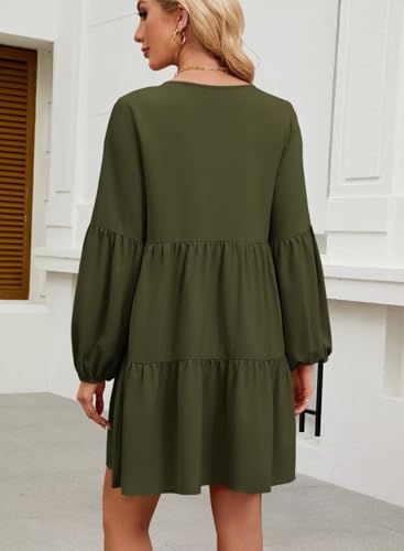 Image of QACOHU Falll Dresses for Women 2026 Crew Neck Long Lantern Sleeve Casual Loose Flowy Swing Shift Dress