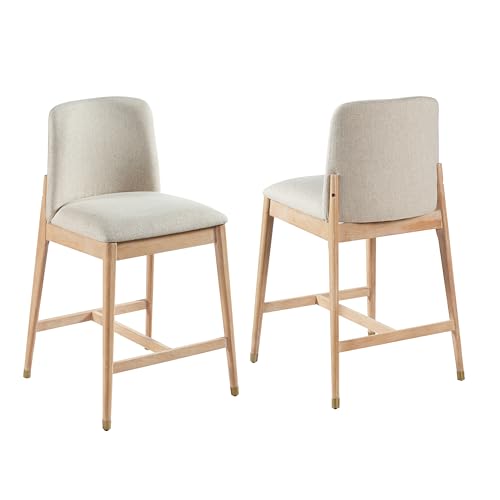 Christopher Knight Home Clara 26.75" H Bar Stools Set of 2, Indoor Wooden Counter Stools with Upholstered Seat, Rubberwood Frame with Footrest for Kitchen Island or Dining Bistro, Beige + Natural by Christopher Knight Home - Used condition - Image 5