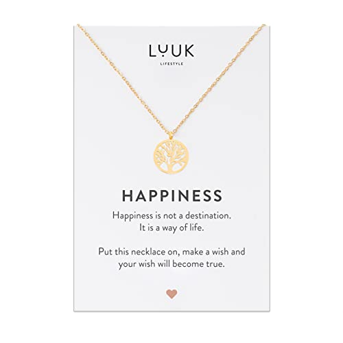 LUUK LIFESTYLE Collier avec pendentif Arbre de vie en acier inoxydable et carte HAPPINESS, personnalisé cadeau femme, ado fille, accessoire de mode bijoux,...