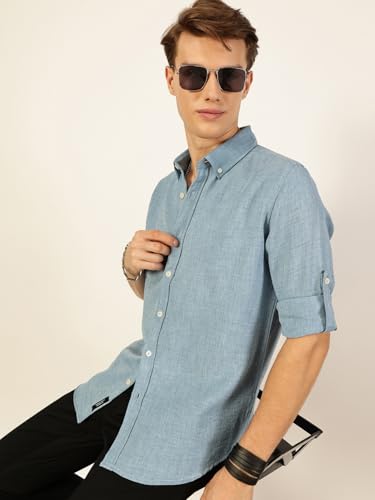Image of Thomas Scott Men's | Solid | Textured Fabric | Full Sleeve | Slim Fit | Polyester-Blend | Spread Collar | Casual Shirt