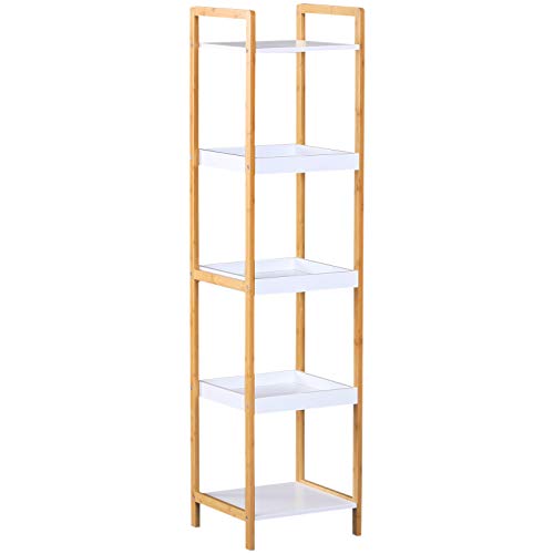 HOMCOM Etagère en Bambou de Salle de Bain étagère Debout 3 paniers + 2 étagères dim. 32L x 30l x 130H cm Beige Blanc