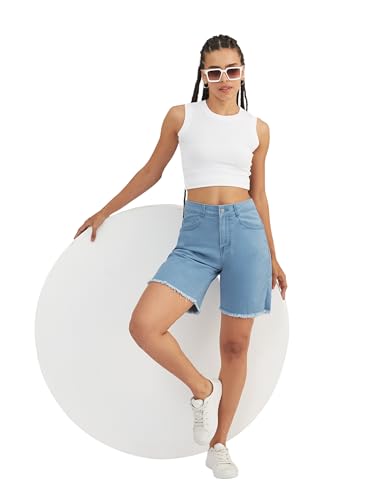 Image of Dolce Crudo Women's Relaxed Fit Mid-Rise Denim Shorts with Adjustable Waist & Frayed Hem