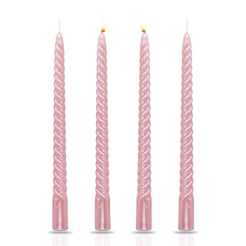 TOPWAYS Dinner Candles, Pink Taper Candles Pillar Spiral Twisted Candles Non Drip Long 8 Hour Burn Time Non Scented Decorative Candles for Valentine's Day Christmas Birthday Party (4 Pack)